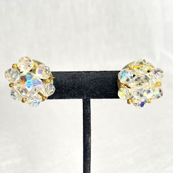 Stud Earrings Clear Aurora Borealis Glass Cluster Wired Beaded Clip Ons - Picture 2 of 6